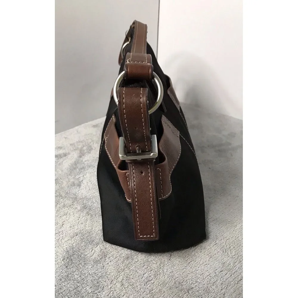Fossil‎ Tan Black Nylon Leather Trim Shoulder Bag Handbag Hobo Purse READ